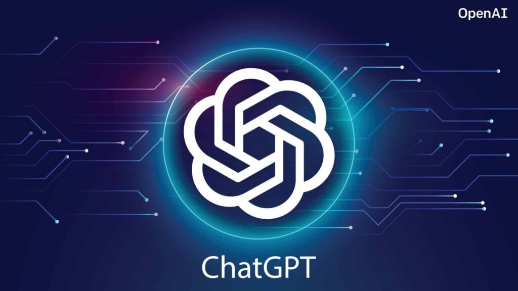 “OpenAI ChatGPT logo centered on a dark blue futuristic circuit-style background with glowing blue and purple light effects, with the text ‘ChatGPT’ below and ‘OpenAI’ in the top-right corner.”