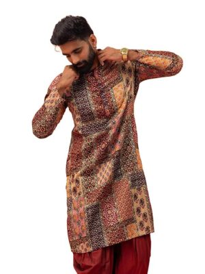 KISAH Men's Kurta Churidar Jacket Set, Black Jacquard, Ethnic Motif Regular Fit Mandarin Collar Long Sleeves
