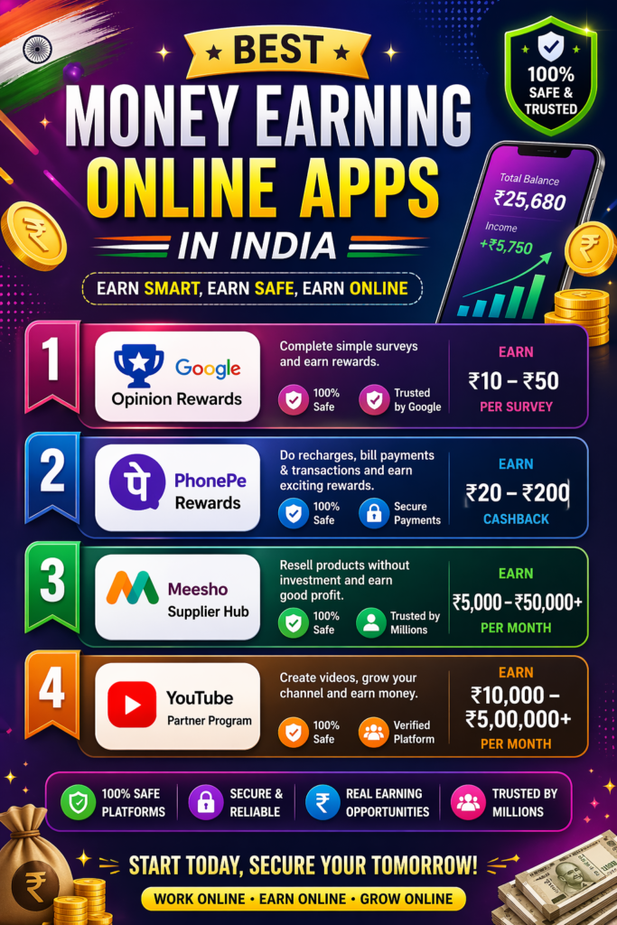 Best money earning online apps in India including Google Opinion Rewards, PhonePe, Meesho and YouTube with real cash earning opportunities, cashback, surveys and work from home income options