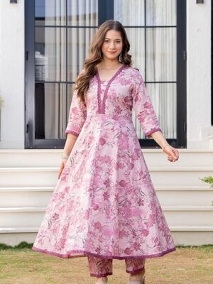 MANHAREE Women's Cotton Anarkali Pink Kurta Pant with Dupatta Set