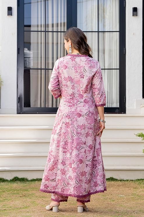 MANHAREE Women's Cotton Anarkali Pink Kurta Pant with Dupatta Set - Image 2