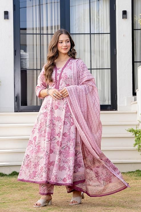 MANHAREE Women's Cotton Anarkali Pink Kurta Pant with Dupatta Set - Image 4