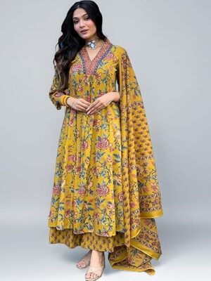 GoSriKi Women's Rayon Viscose Anarkali Printed Kurta with Palazzo & Dupatta