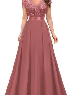 Miusol Women's Elegant V-Neck Cap Sleeve Sequined Floral Lace Formal Party Maxi Dress