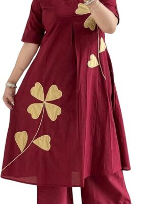 Women Cotton Kurta Pant Set | Straight Tunic with Floral Applique
