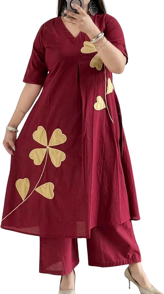 Women Cotton Kurta Pant Set | Straight Tunic with Floral Applique