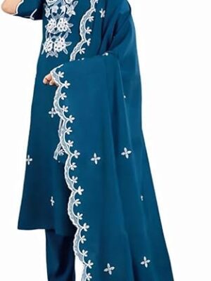 Women's Embroidery Art Silk Straight Kurta Set with Pant & Dupatta Set