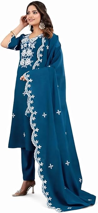 Women's Embroidery Art Silk Straight Kurta Set with Pant & Dupatta Set