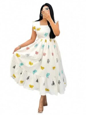 JUSTHER Women's Butterfly Print Western Poly-Cotton Frock Maxi Dress