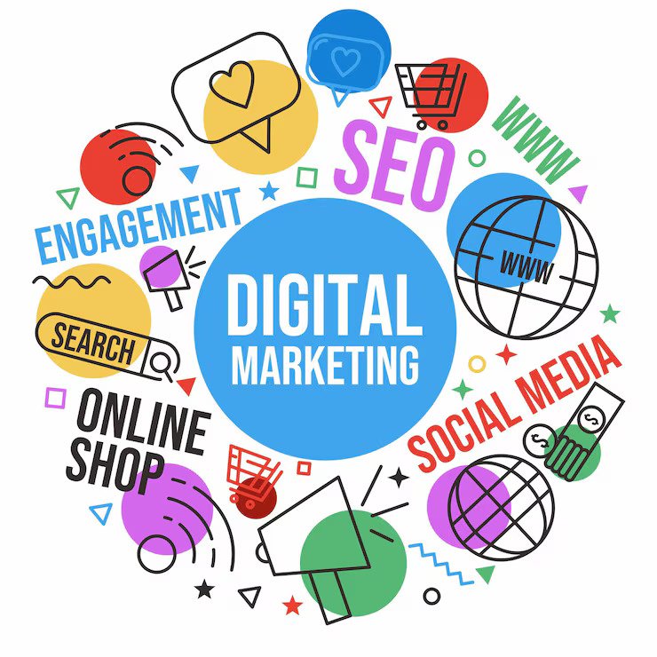 Digital marketing illustration featuring SEO, engagement, online shopping, social media, WWW, and search icons arranged around a central blue circle labeled “DIGITAL MARKETING.”